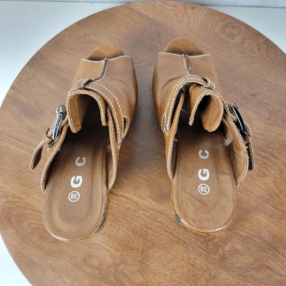 GC Womens Veronica Sandals 38 Brown Leather Peep Toe Buckle Wooden Chunky Wedge - Picture 7 of 13